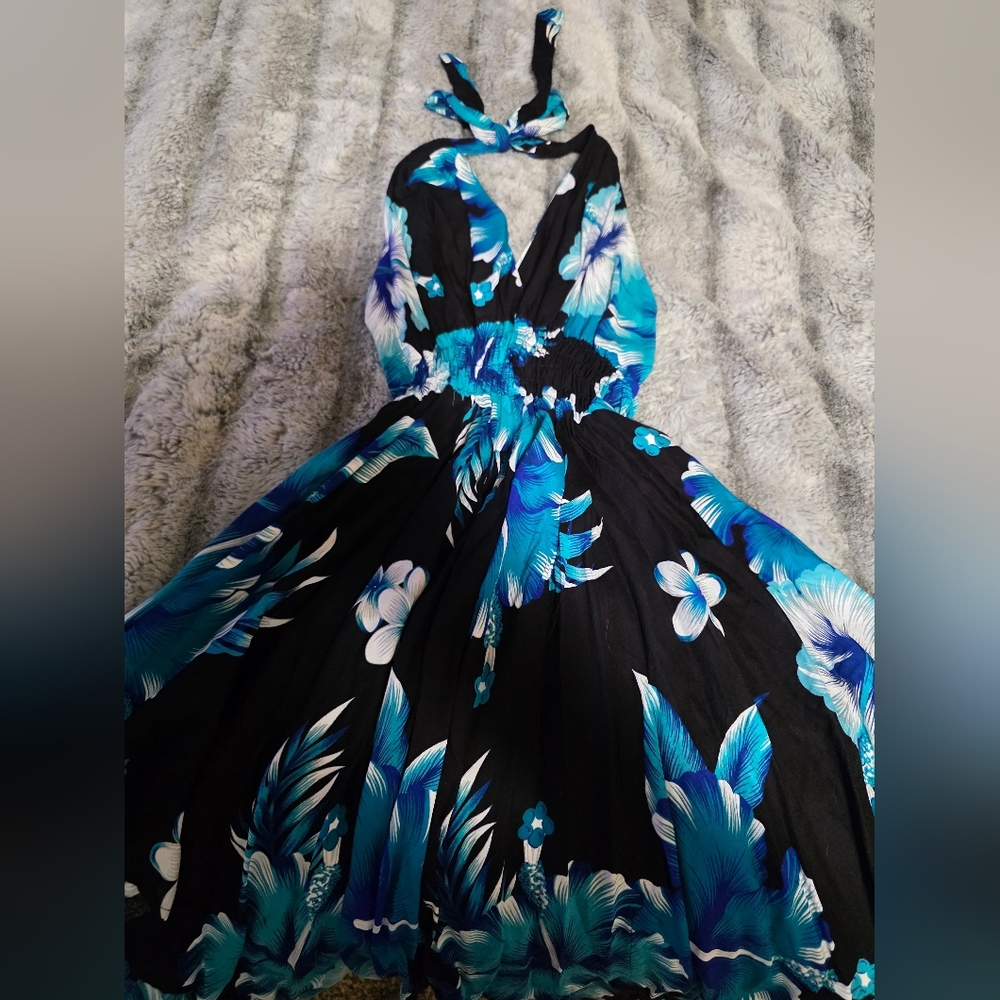 Tropical Halter Maxi Dress - Black and Blue